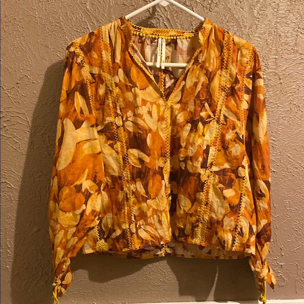 Anthropologie Orange and Gold Relaxed Tie Front Blouse